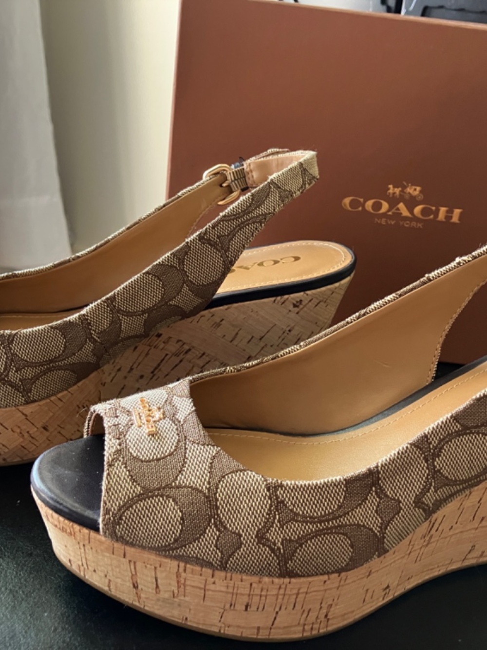 NEARLY NEW Coach Logo Cork Peep Toe Wedge - Picture 5 of 14